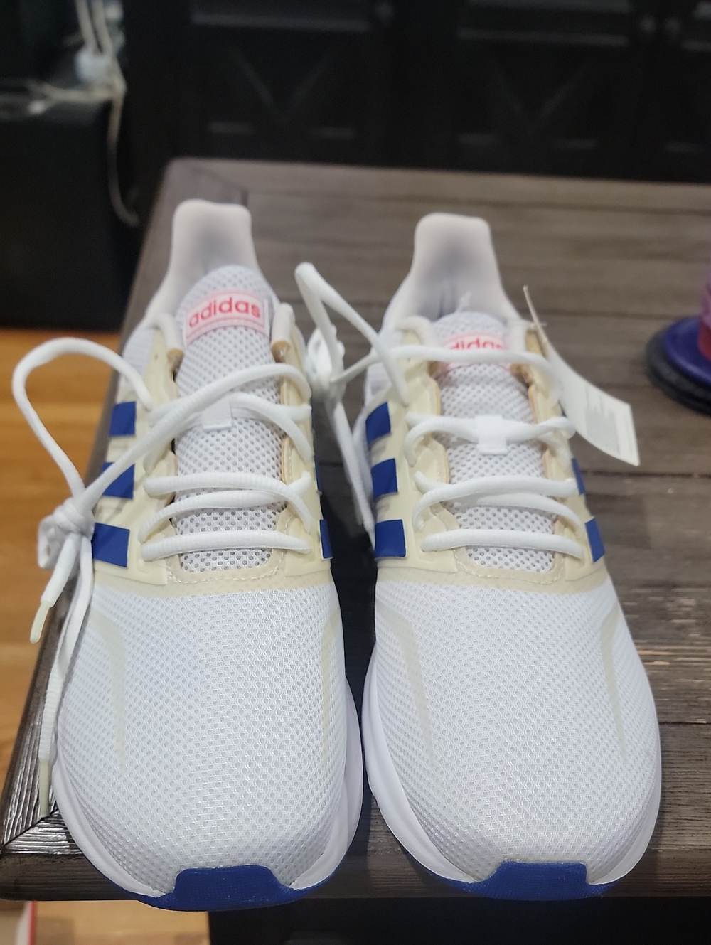 adidas White Sneakers with Blue Stripes and Cream Accents